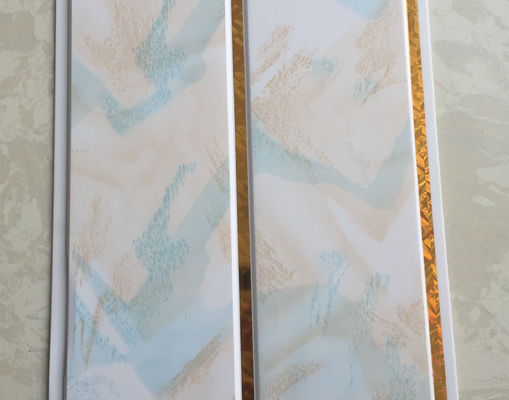 Panel de techo de PVC con ranura central de 20 cm de ancho, tableros impermeables para baños / Paneles de techo impermeables para baños con líneas doradas